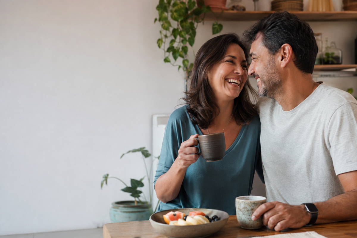 Casal maduro sorrindo durante o café da manhã em casa