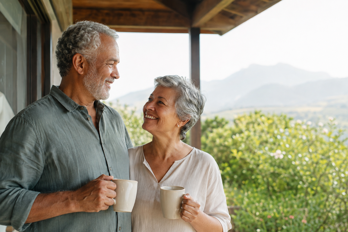 Casal maduro tomando café na varanda com vista para a natureza