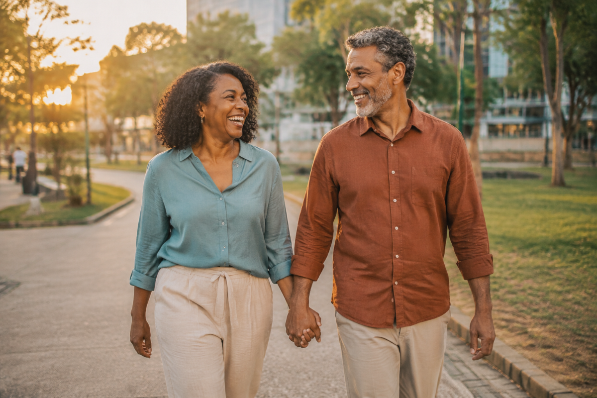 Casal caminhando de mãos dadas em um parque ao fim da tarde