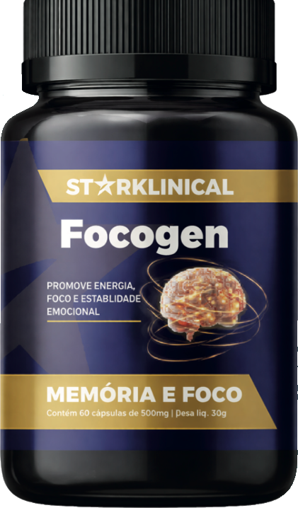 Frasco de FOCOGEN, suplemento alimentar em cápsulas, com 60 cápsulas de 500 mg